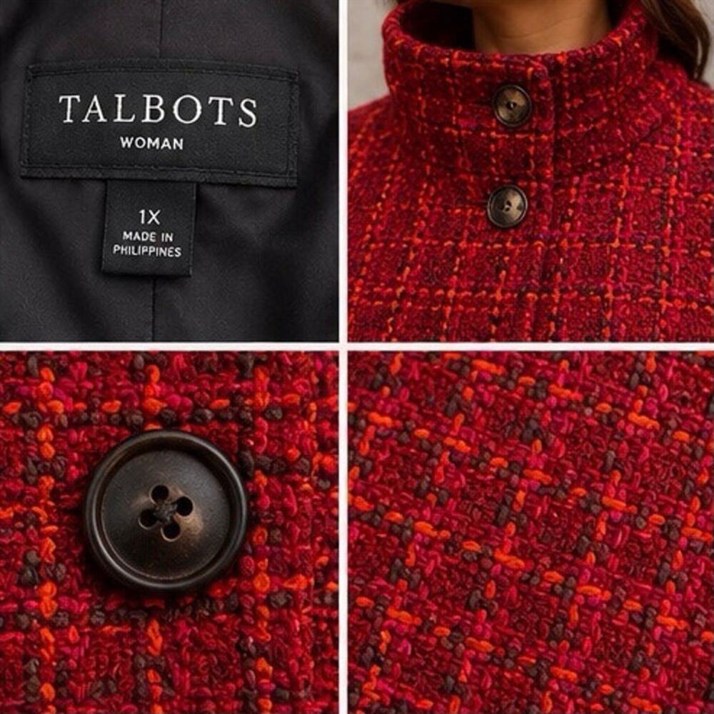 Talbots Woman Tweed Jacket 1X Red Multi Funnel Neck Wool Blend Blazer Coat - Picture 2 of 5